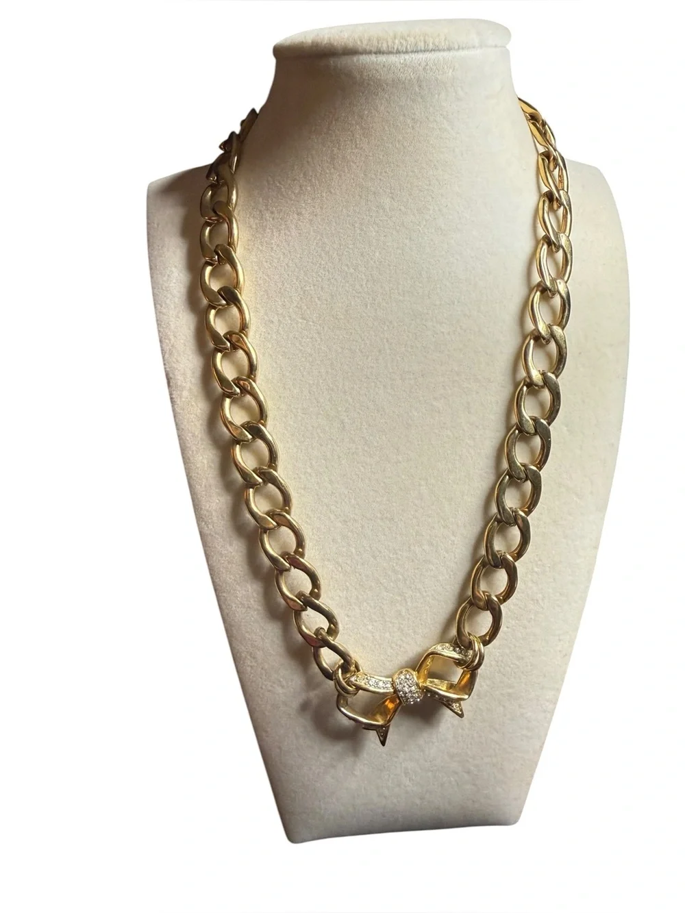 Vintage Juicy Couture Chunky Gold Link Crystal Bow Statement Necklace Signed - Picture 7 of 7
